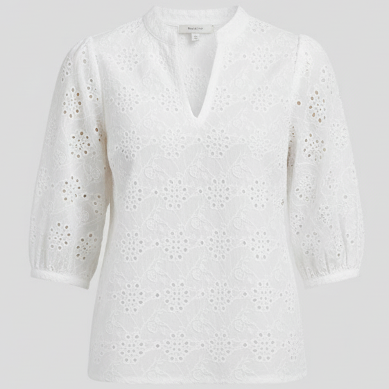 Den Graaf® | Blouse met V-hals en pofmouwen met kantdecoratie