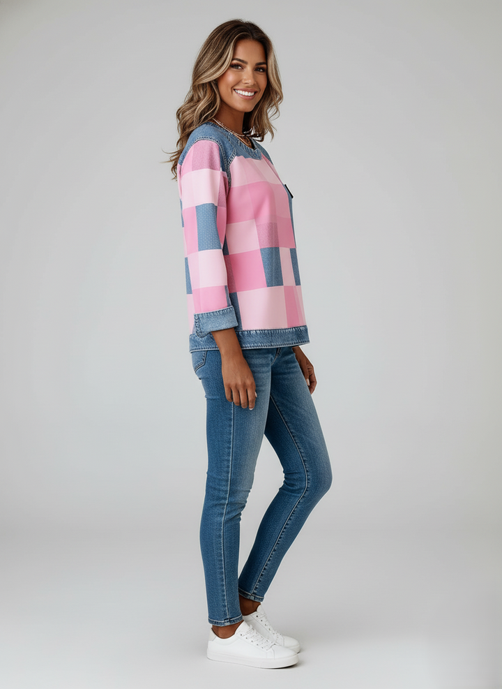 Den Graaf | Dames Casual Ronde Hals Denim Patchwork Pullover Sweatshirt