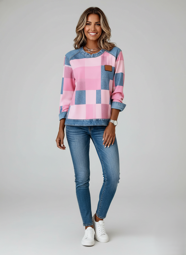 Den Graaf | Dames Casual Ronde Hals Denim Patchwork Pullover Sweatshirt