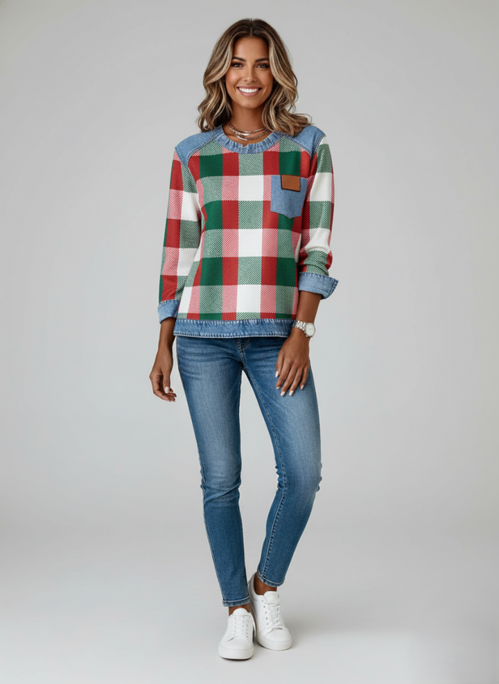 Den Graaf | Dames Casual Ronde Hals Denim Patchwork Pullover Sweatshirt