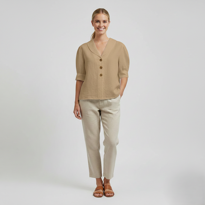 Den Graaf® | Retro-Chic Knopblouse met Geknoopte Voorkant