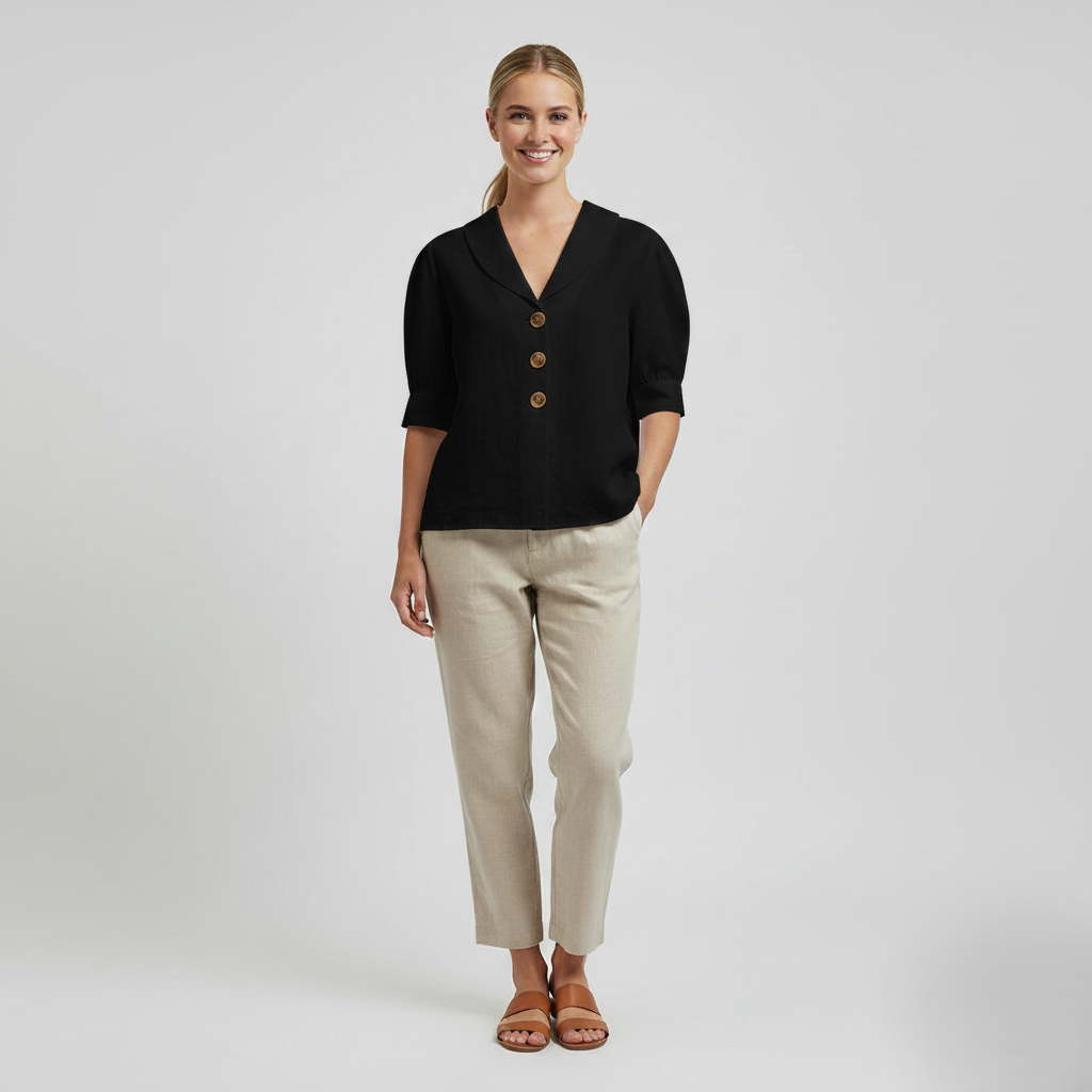 Den Graaf® | Retro-Chic Knopblouse met Geknoopte Voorkant