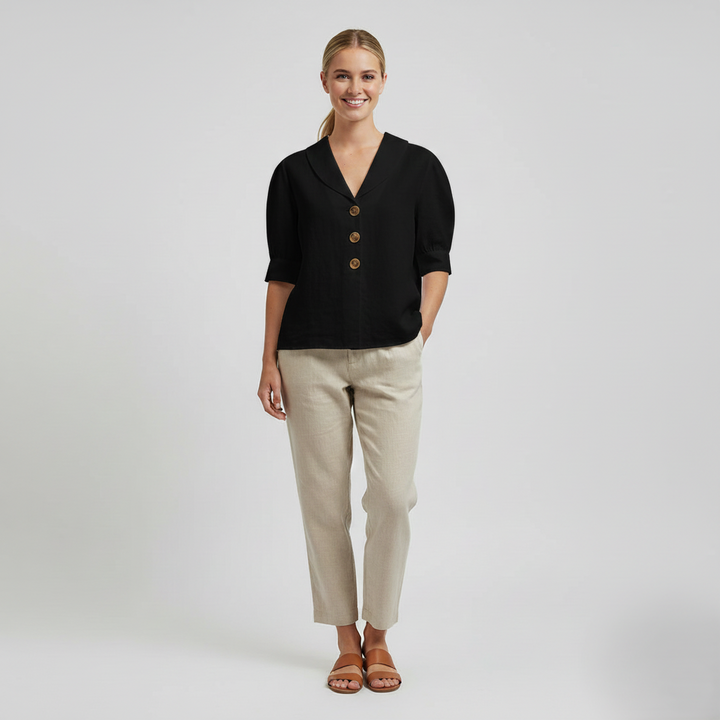 Den Graaf® | Retro-Chic Knopblouse met Geknoopte Voorkant