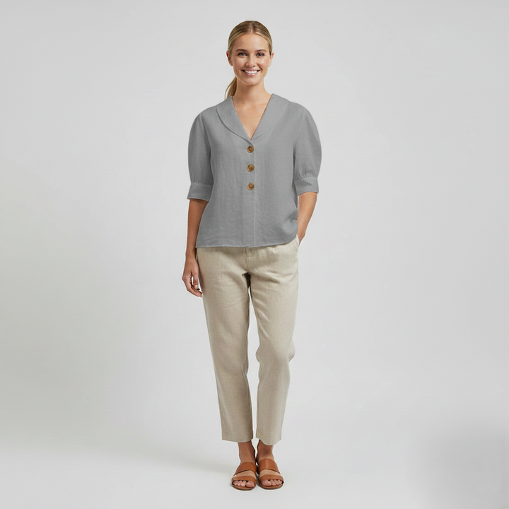 Den Graaf® | Retro-Chic Knopblouse met Geknoopte Voorkant