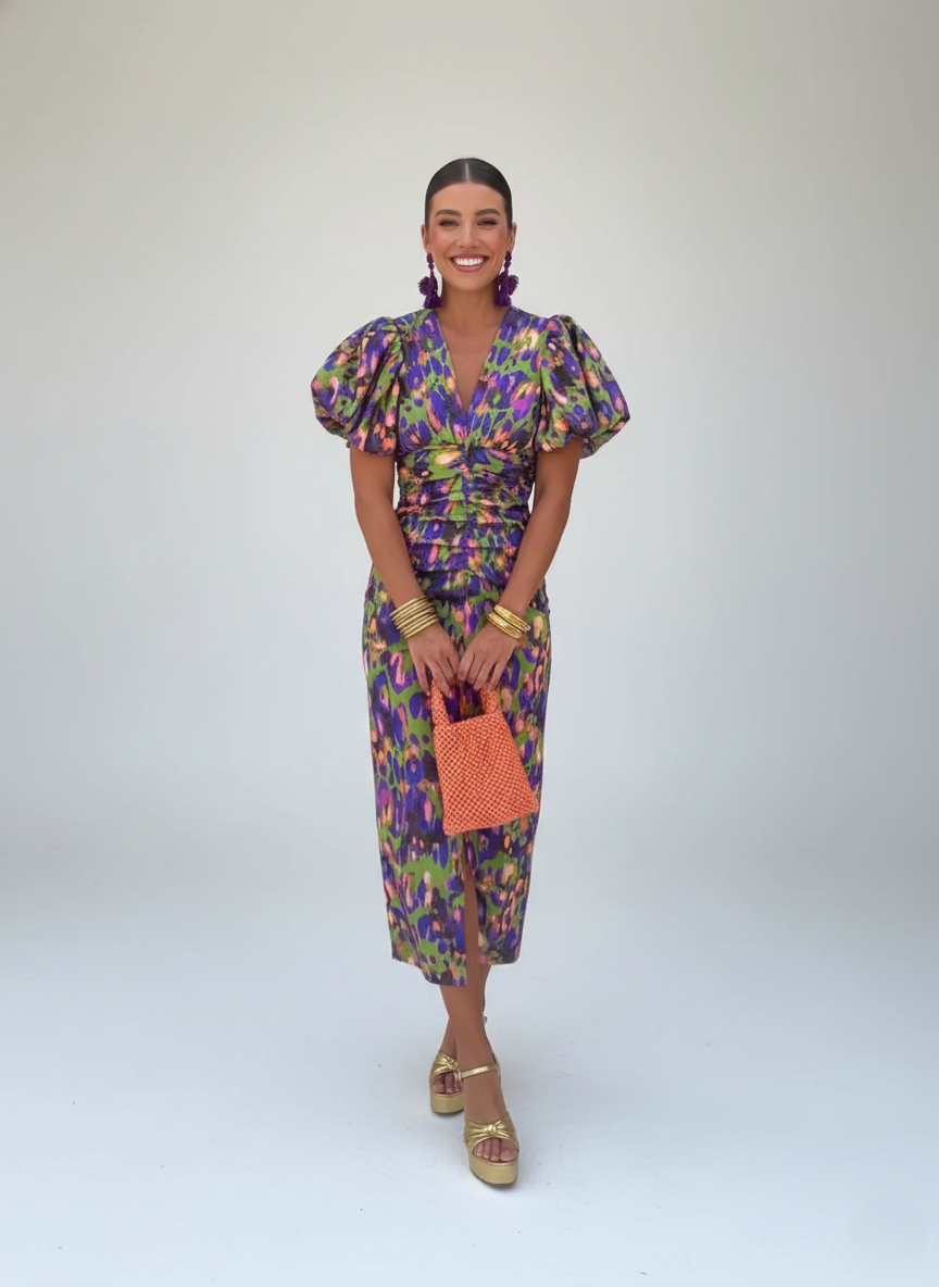 Den Graaf® | Kleurrijke Jurk met Geplooide Mouwen