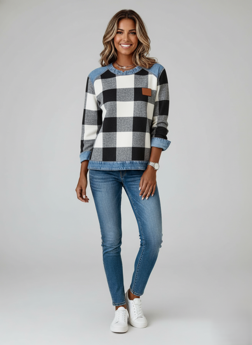 Den Graaf | Dames Casual Ronde Hals Denim Patchwork Pullover Sweatshirt