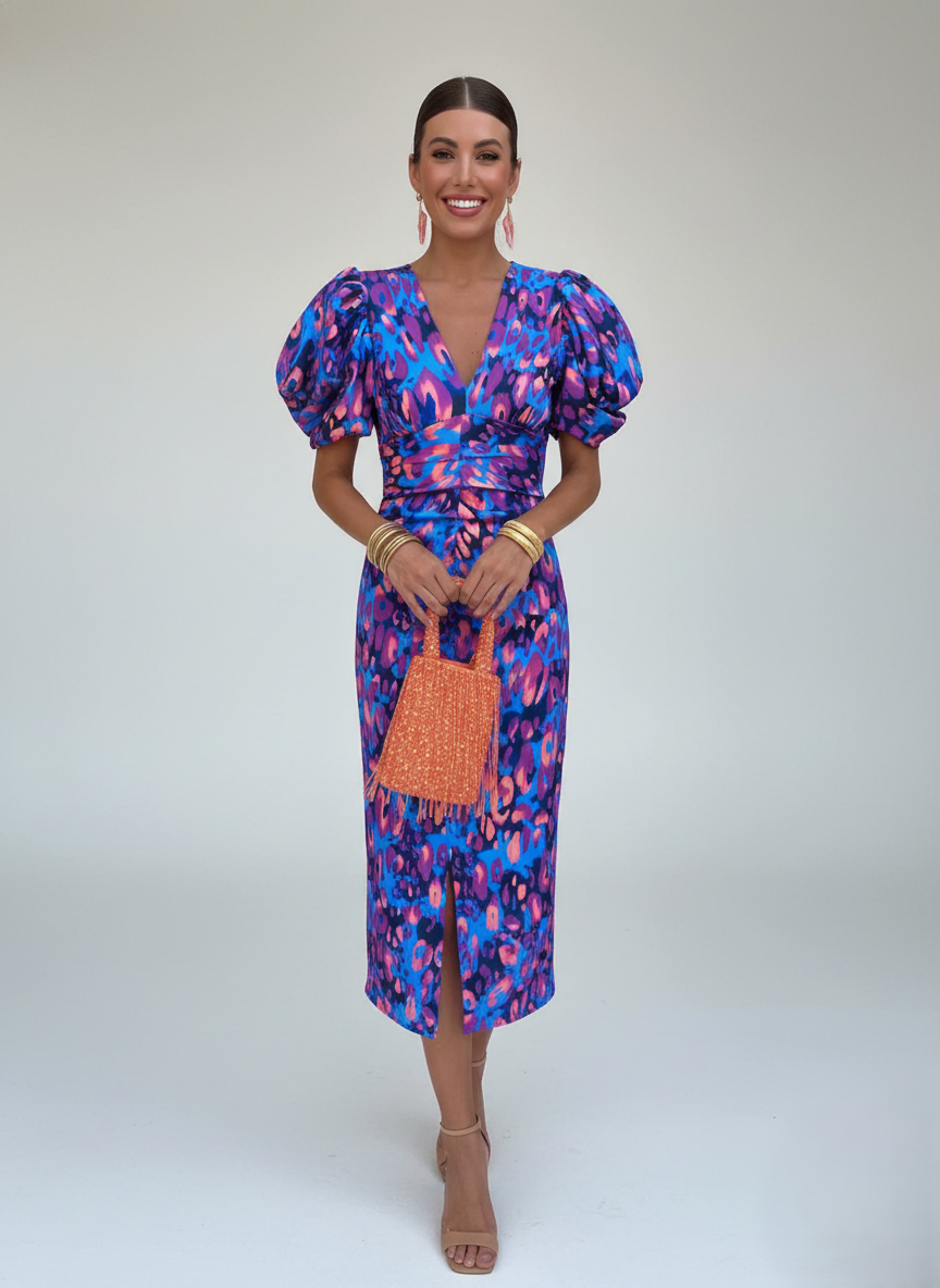 Den Graaf® | Kleurrijke Jurk met Geplooide Mouwen