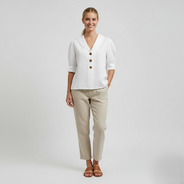 Den Graaf® | Retro-Chic Knopblouse met Geknoopte Voorkant