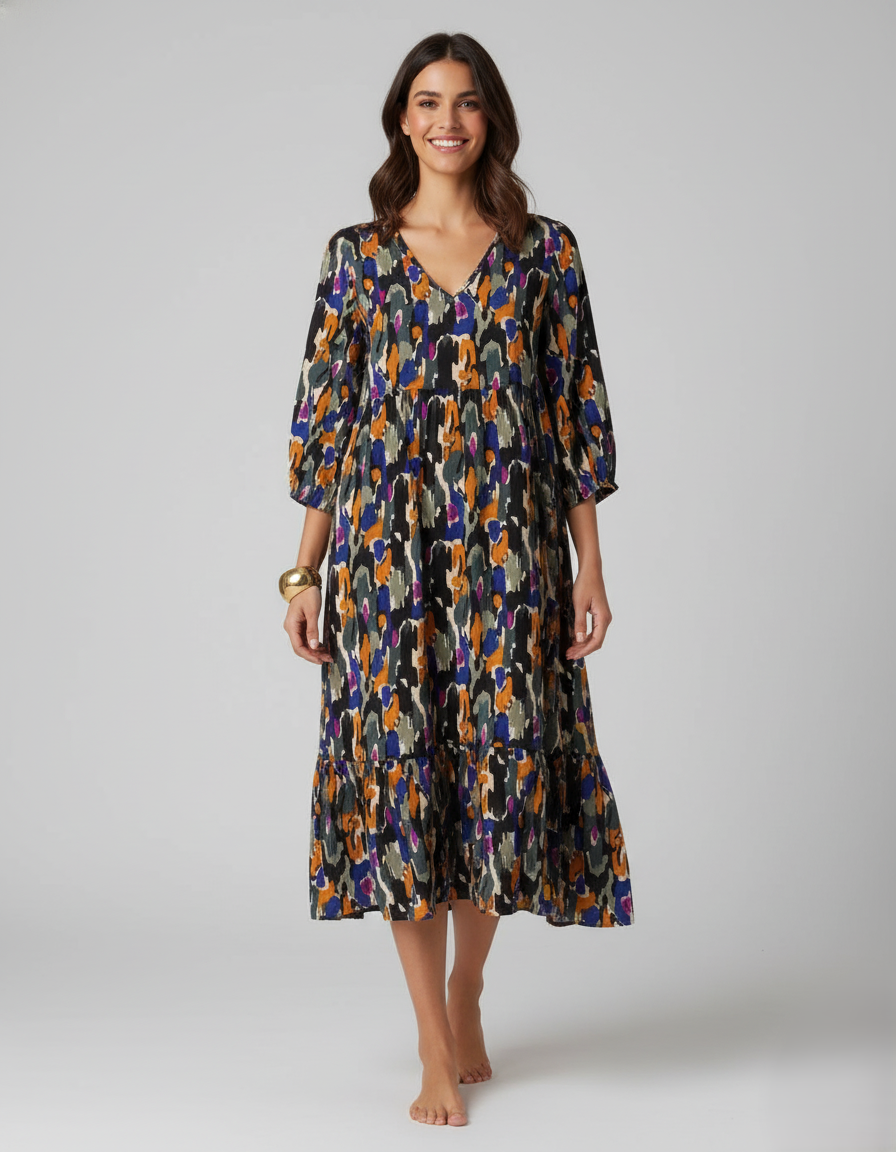 Den Graaf® | V-hals jurk met retroprint