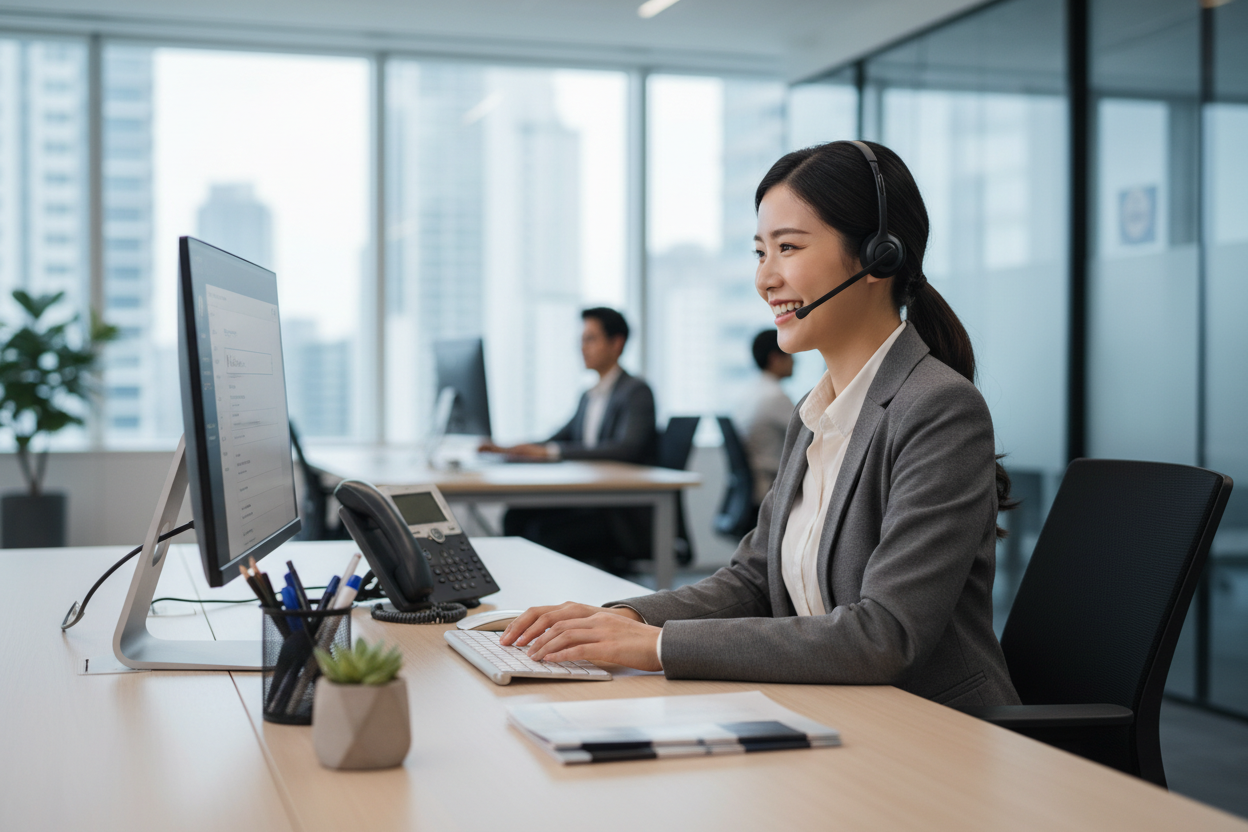 een klaten service vrouw die achter haar bureu zit en met een glimlach zijn werk doet