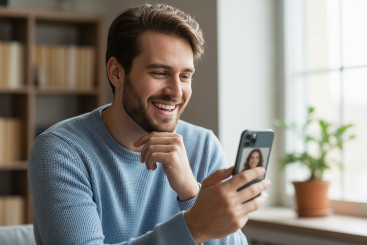 man van 34 jaar kijkt blij een profielfoto van 