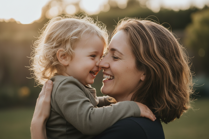Profielfoto van een moeder en een kind die blij zijn
