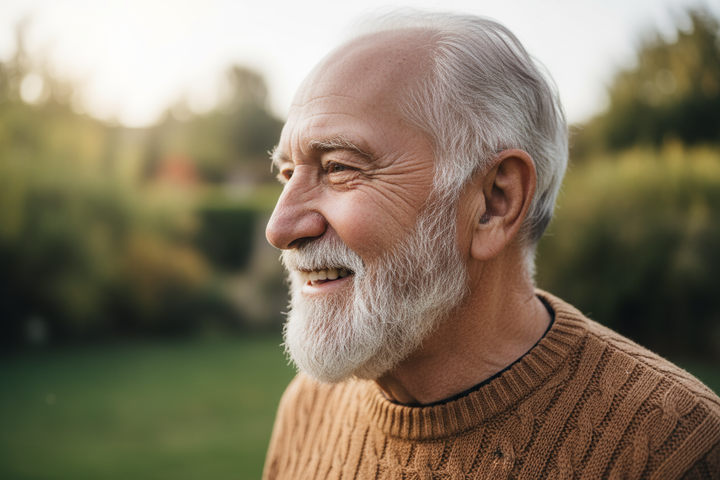 Profielfoto van een oude opa die blij is